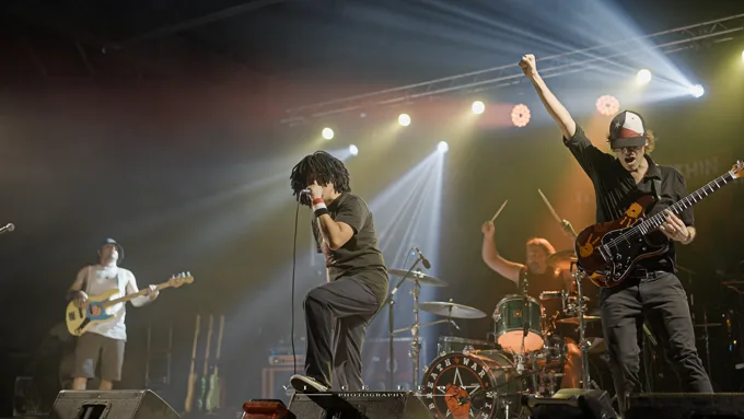 Band performing across the stage
